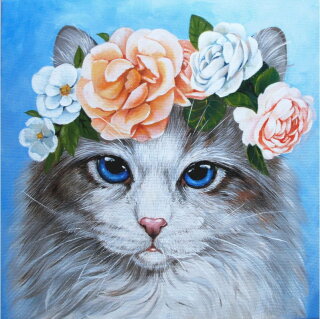 Wizardi WD2464 - Diamond Painting Kit Blue-Eyed Cat in Flowers